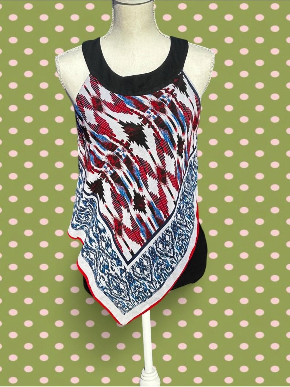 Sleeveless Red & Blue Printed Scarf-Hem Top